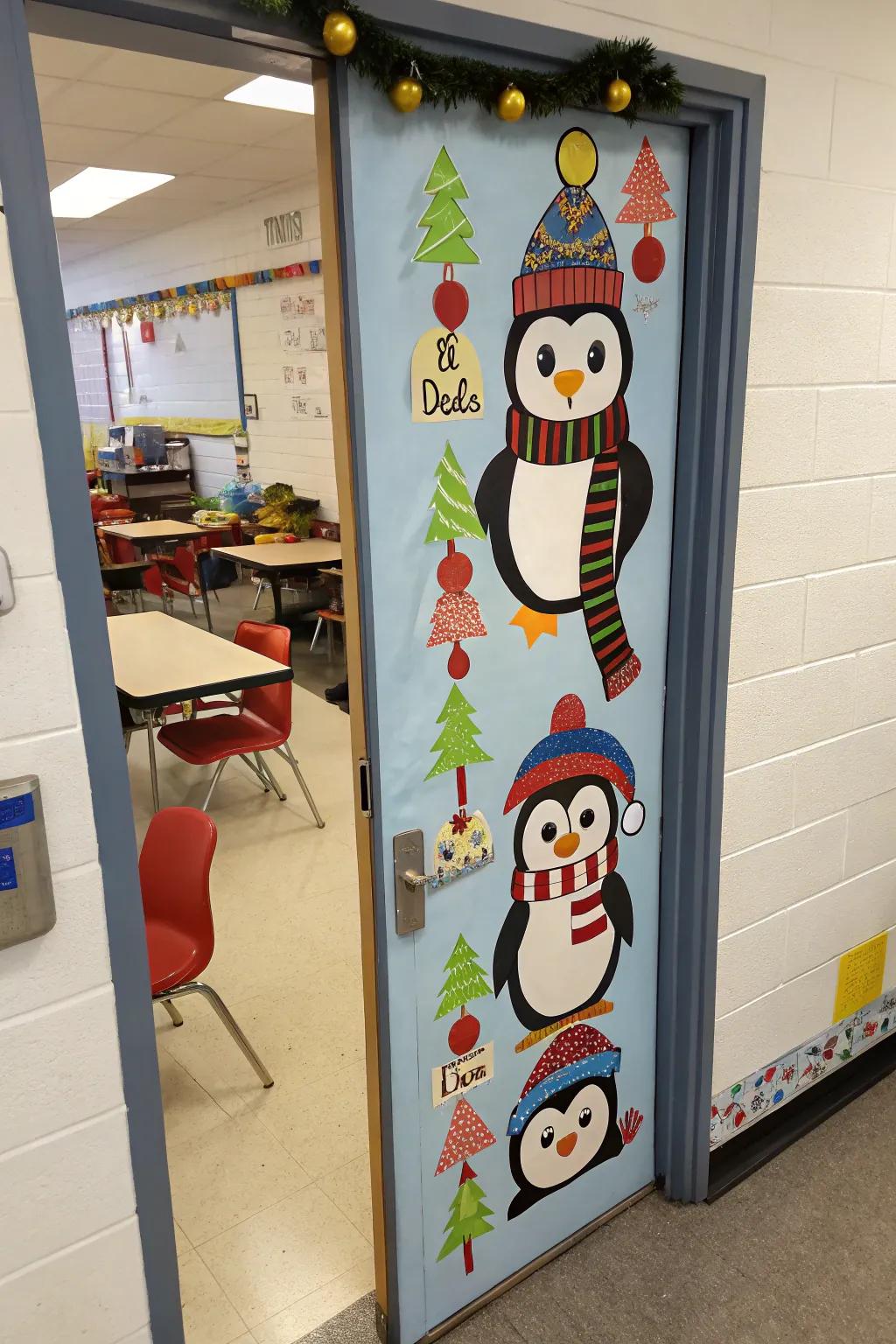 A classroom door presenting a delightful parade of penguins, each uniquely embellished.