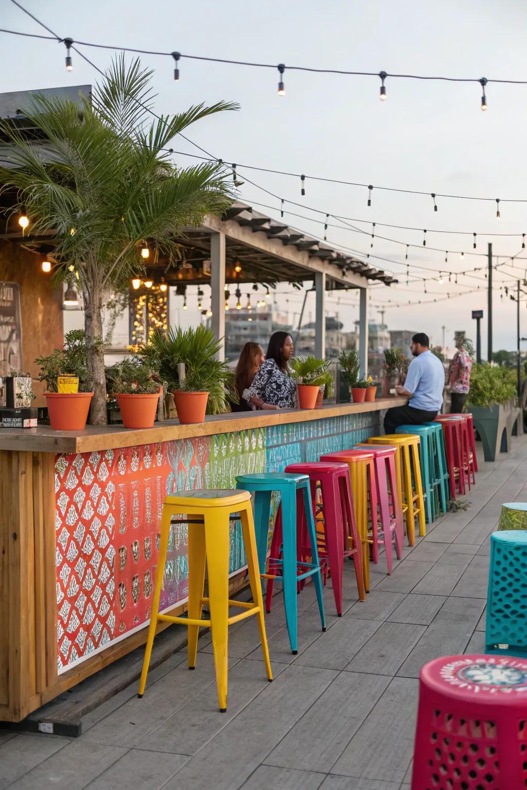 Brilliant hues impart a playful dimension to this outdoor bar.
