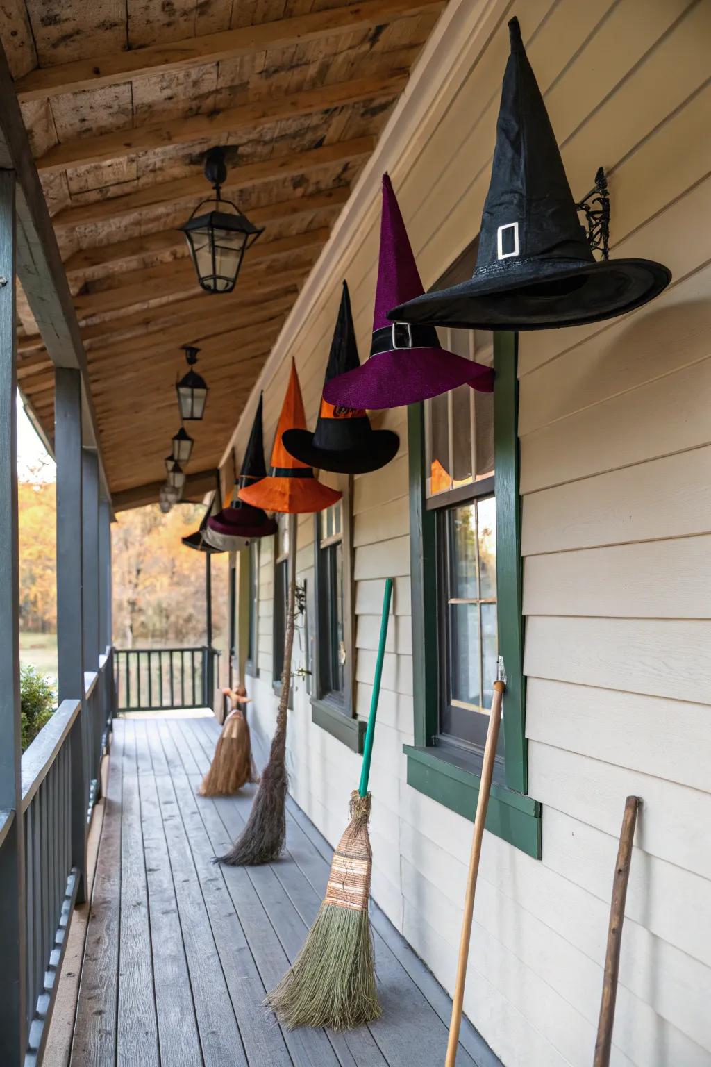Witch hats and broomsticks cast a magical spell.