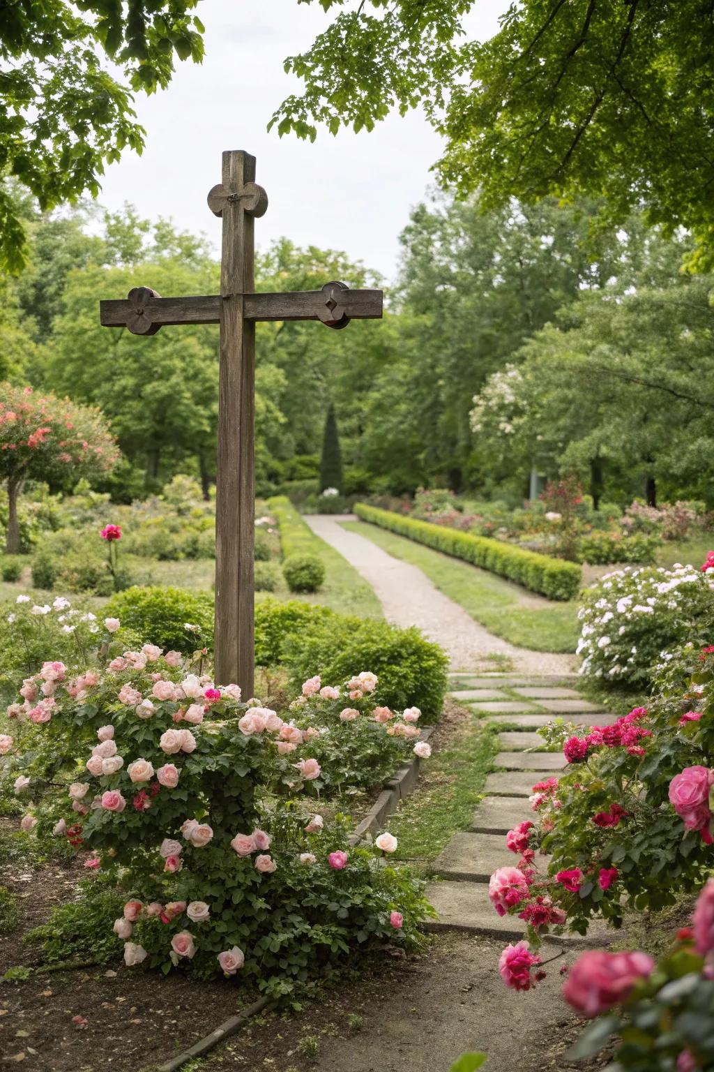 Garden figure encircled by dense foliage