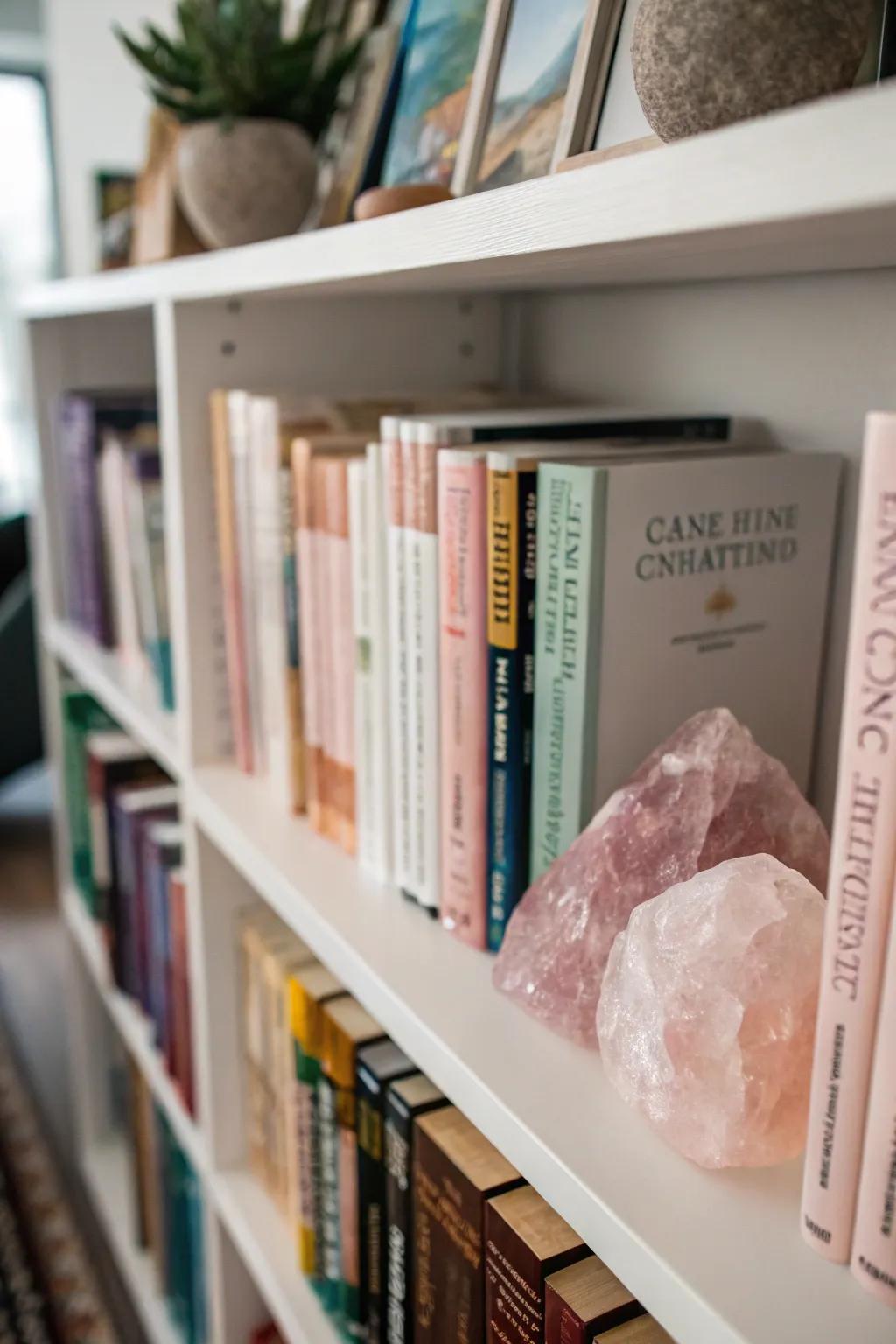 Bookshelves embellished with both volumes and crystals, lending an enchanting allure.