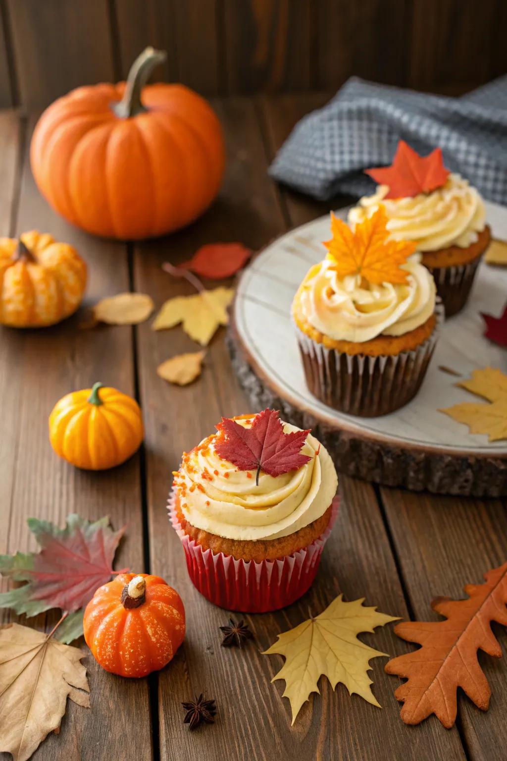 Seasonal touches adding a festive flair to the cupcake arrangement.