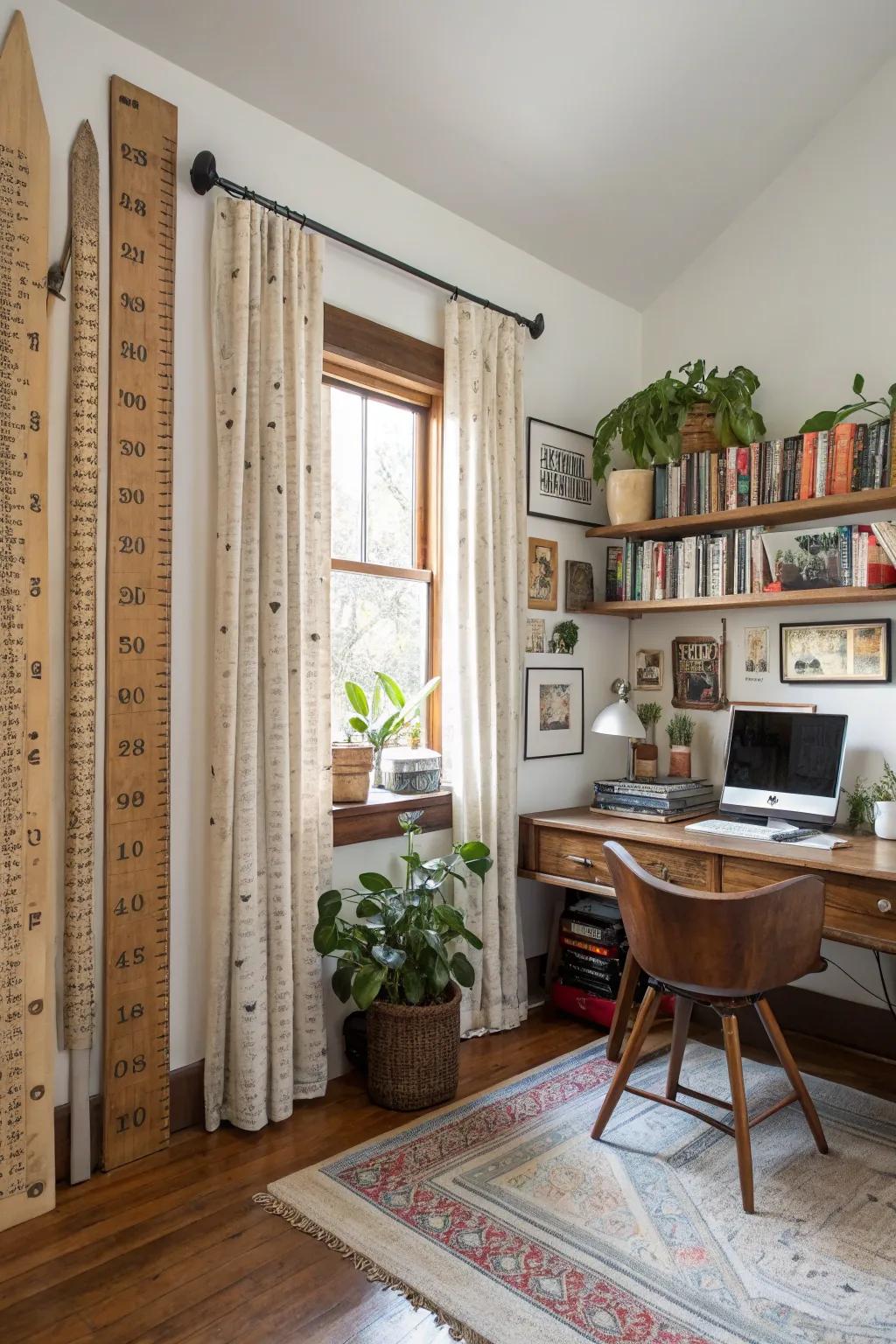 Classical linear gauges utilized as curtain supports convey a charming retro elegance.