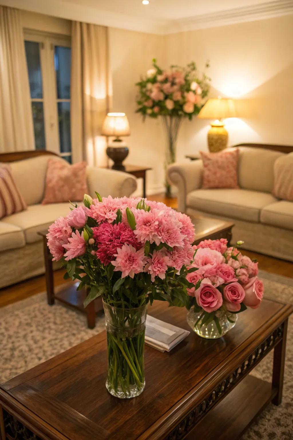 Rose floral arrangements inject freshness and color into the room.