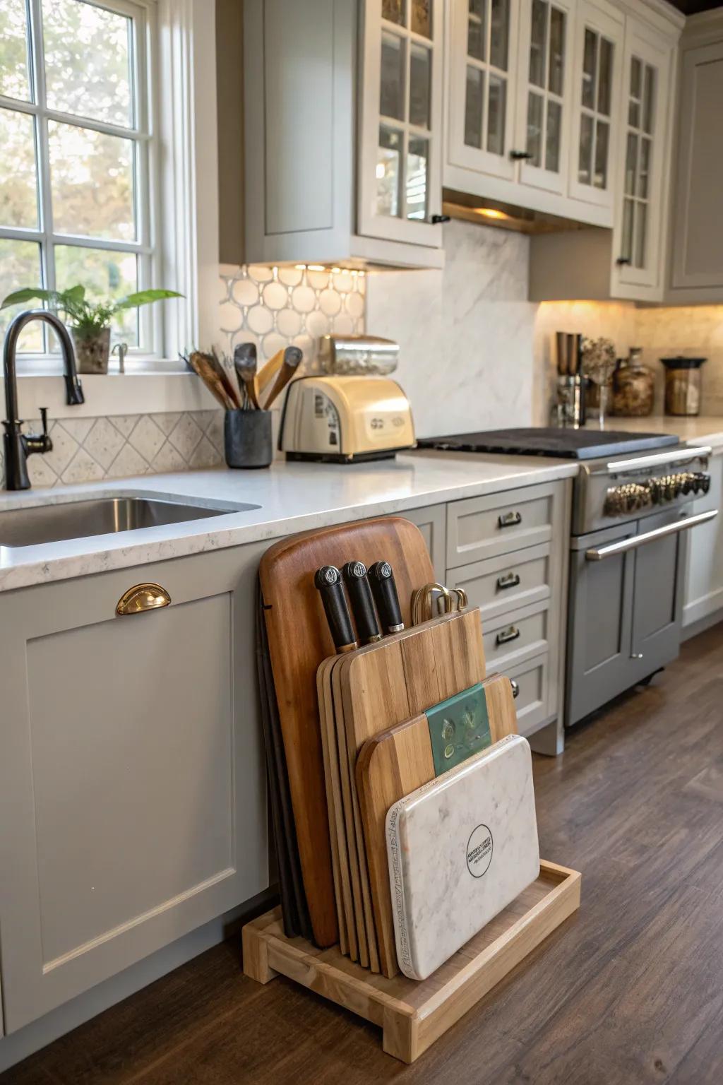 Bespoke design aspects integrating cutting board storage.