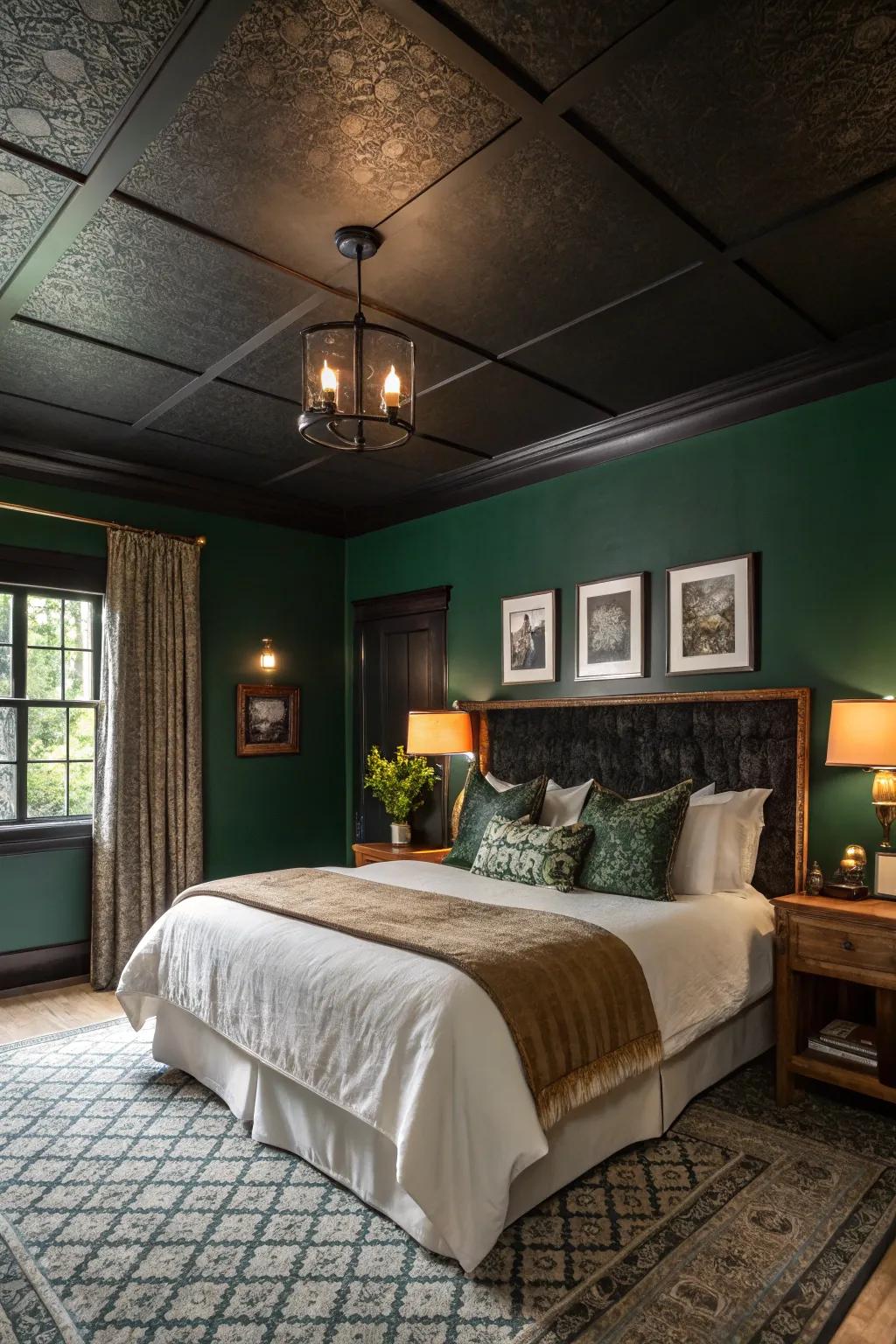 An ebony ceiling harmonized with deep green walls fashions a cozy sanctuary.