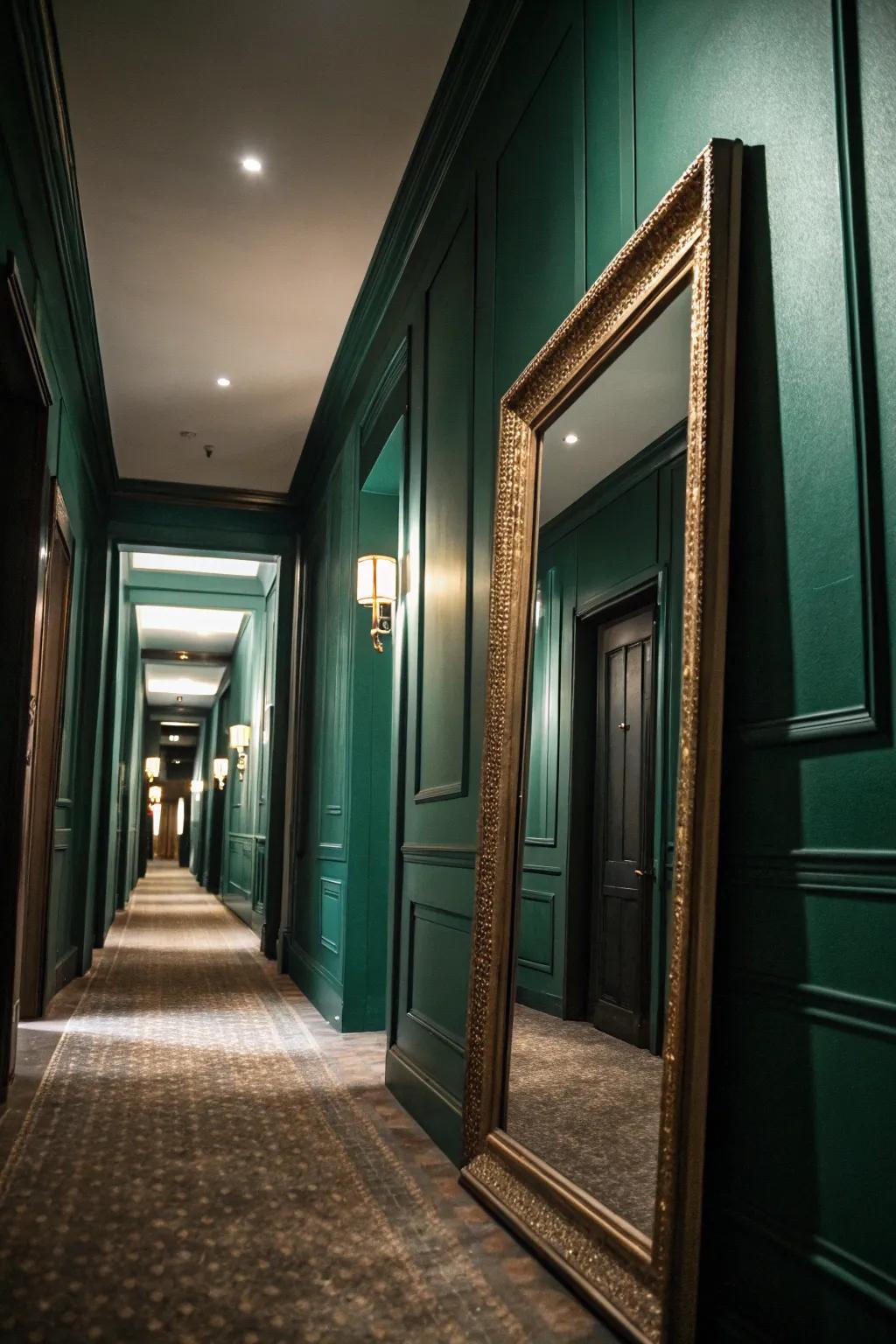 A mirror reflects light, enhancing this hallway in dark green.