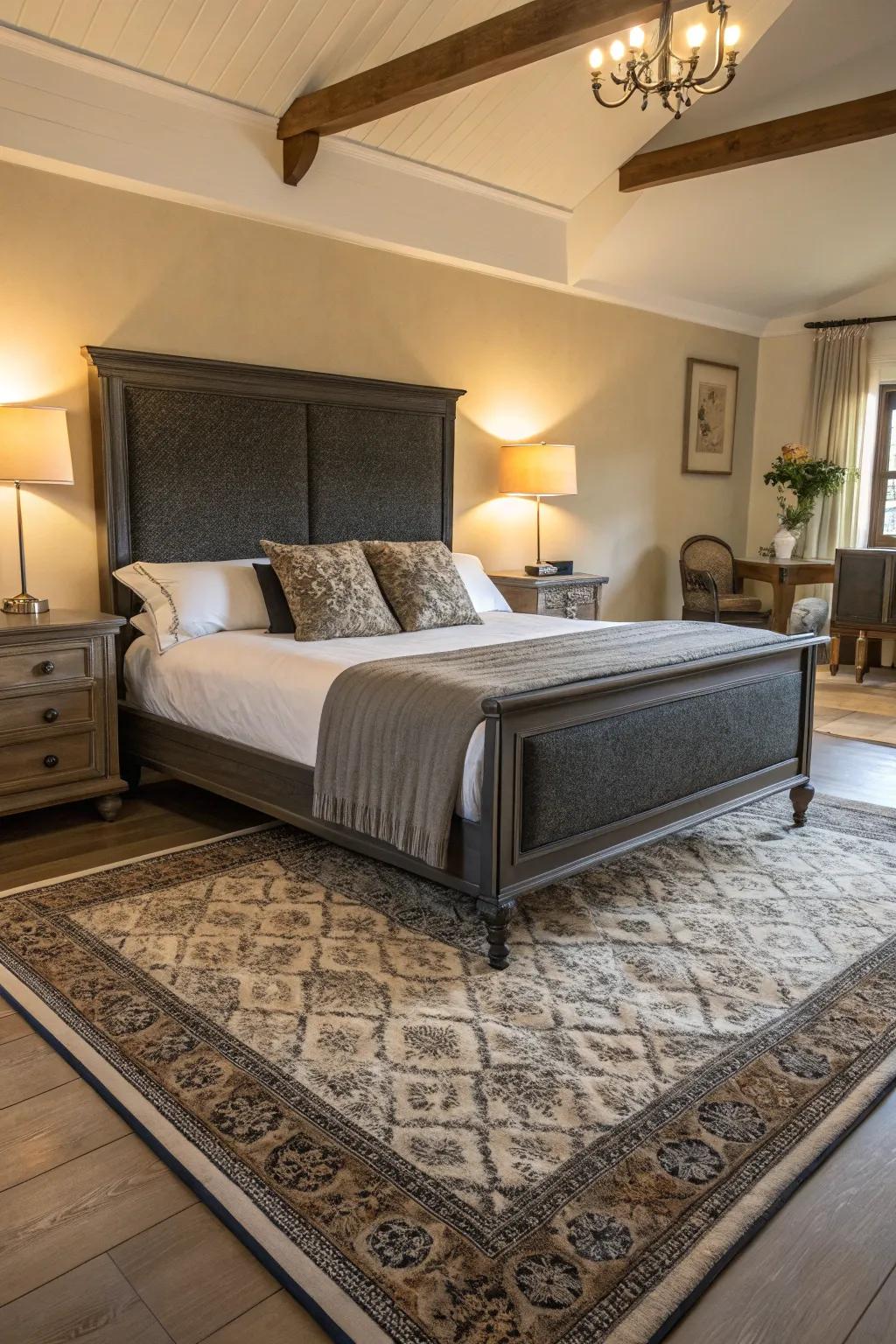 Luxury elements enhance the sophistication of a dark grey bed frame.