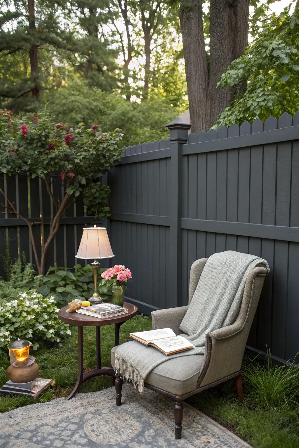 A cozy reading nook with a charcoal-toned fence as a peaceful backdrop.