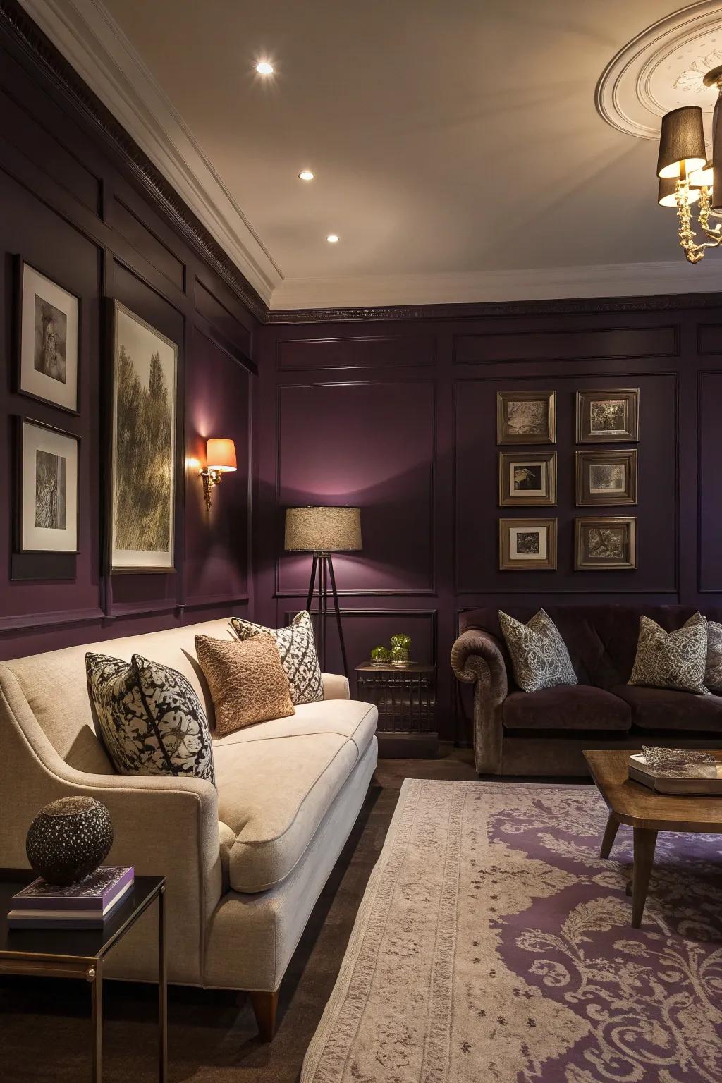 A deep violet emphasized wall enriches the depth and core of this fashionable living area.