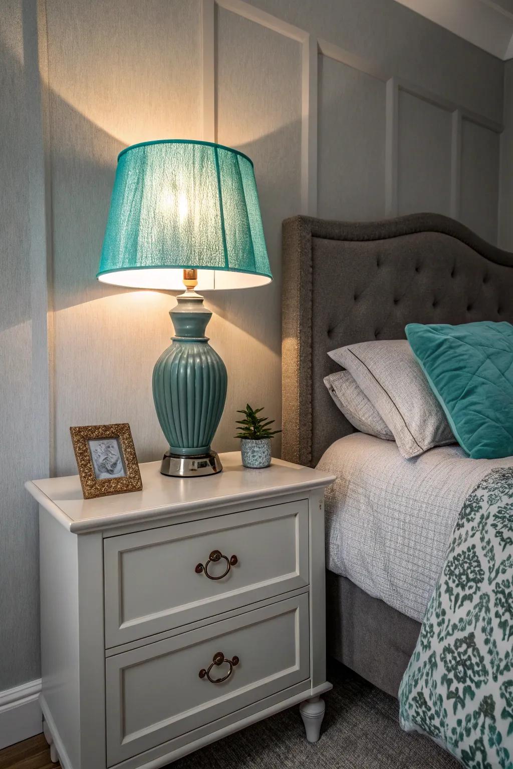 Teal lighting adds a stylish glow and color accent.