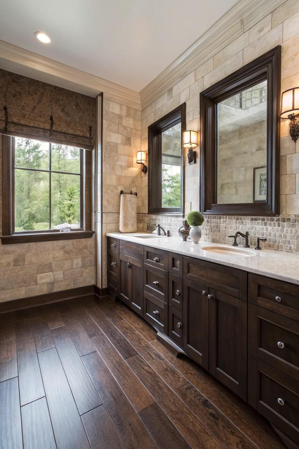 Natural elements, including stone and plants, enhance the serene vibe of deep wood.