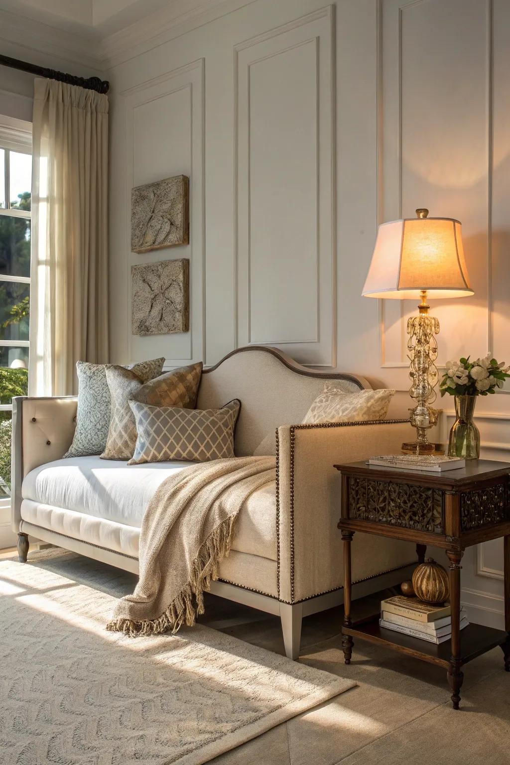 Coordinating furnishings enhancing the practicality of the daybed.
