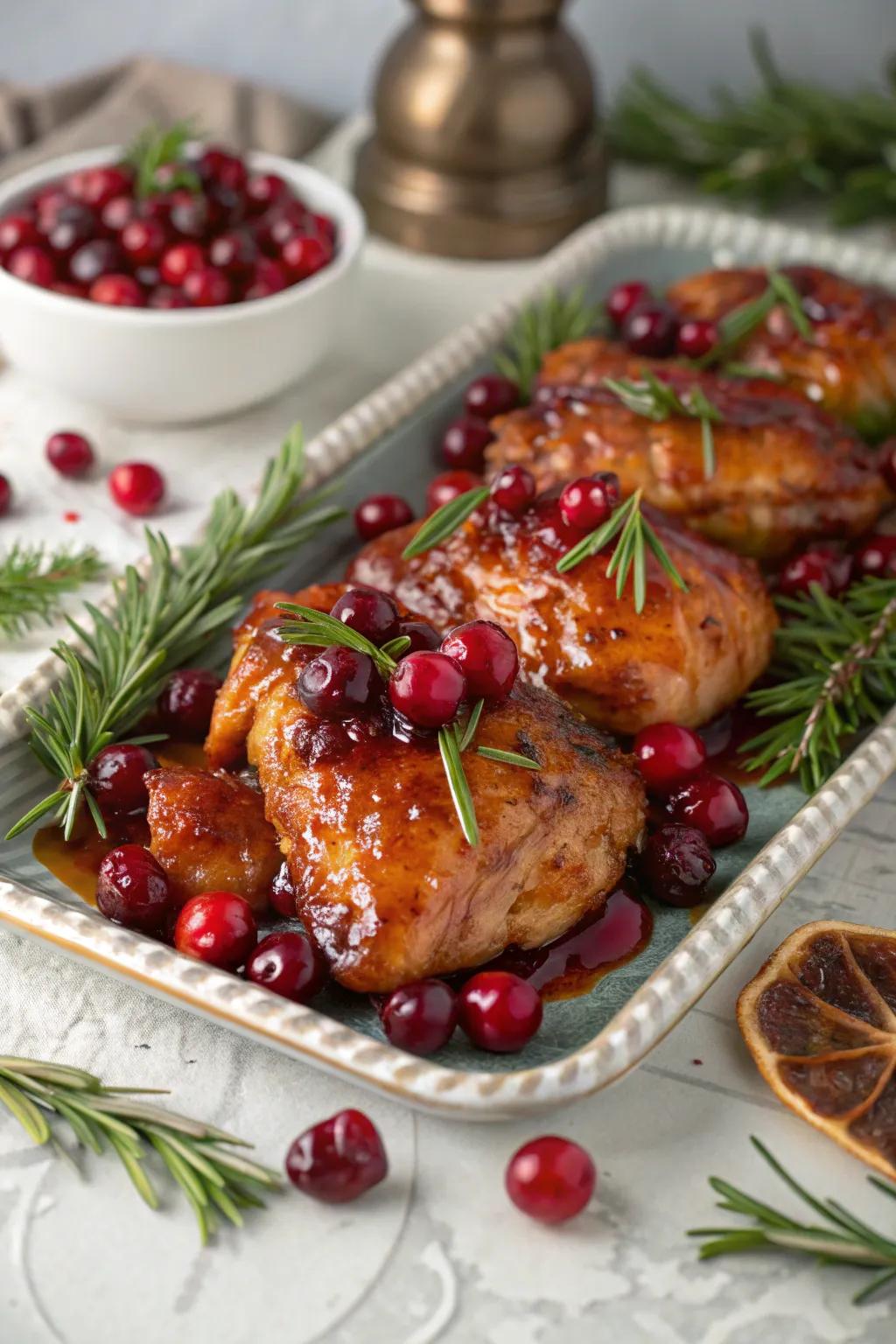 Cranberry glazed chicken, adding a festive touch to your December repasts.