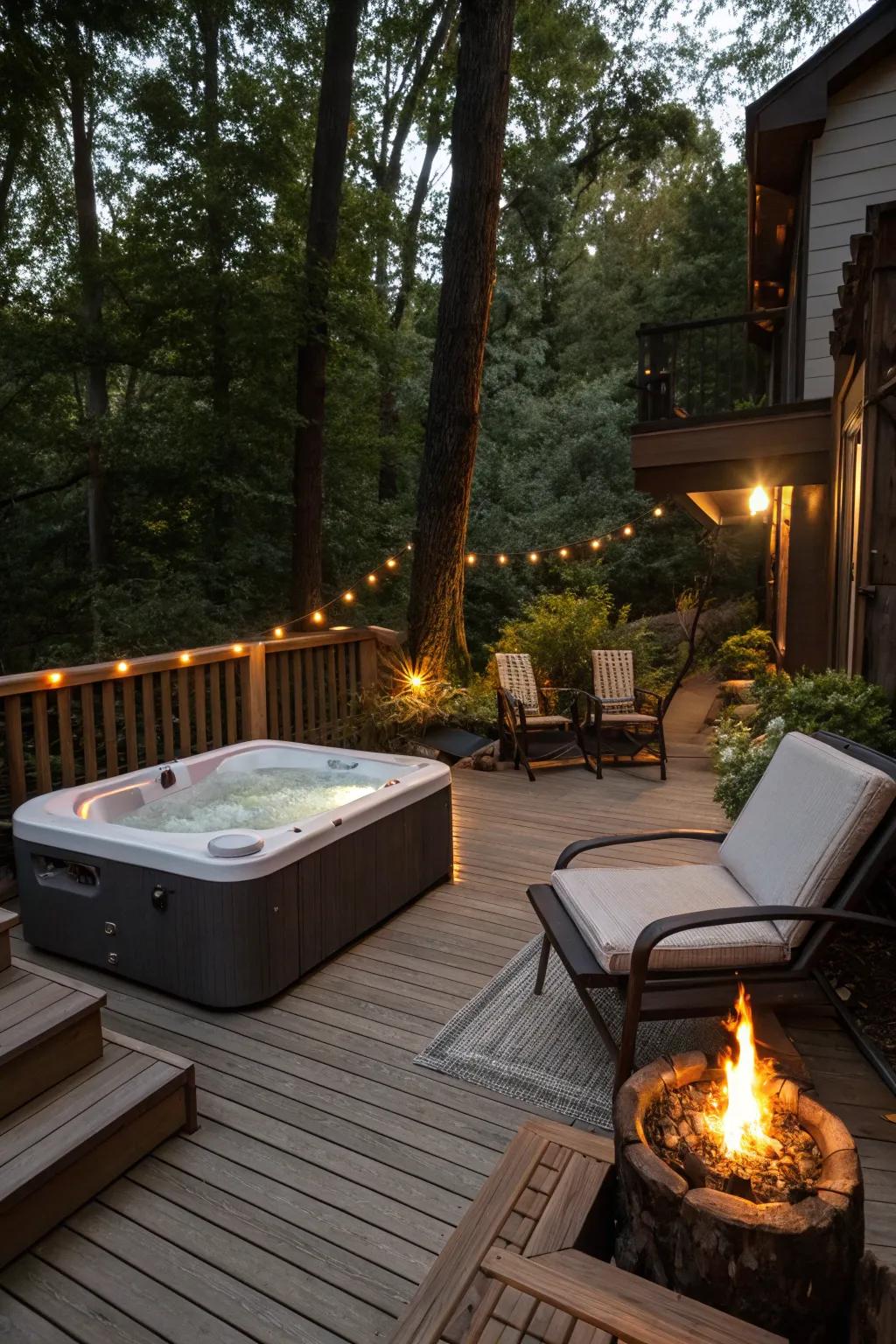 A fire pit brings heat and a cozy mood to the hot tub deck.