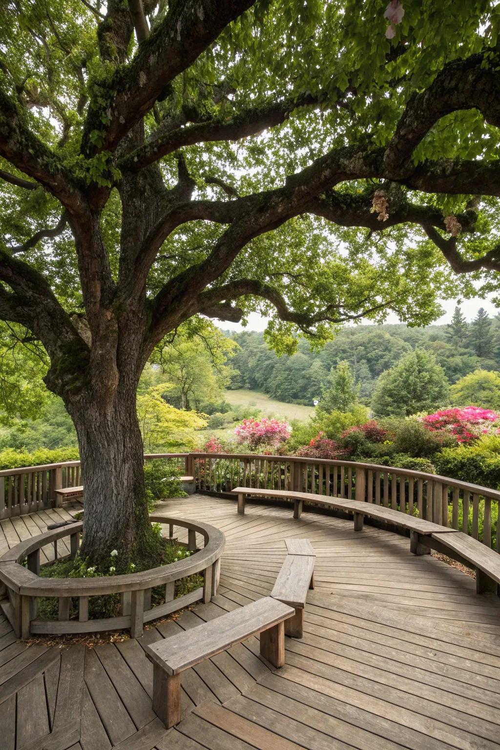 Wraparound benches offer expansive views and seating.