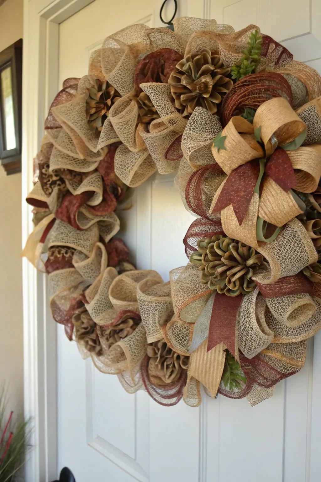 A play of textures engenders depth and captivation within this wreath.