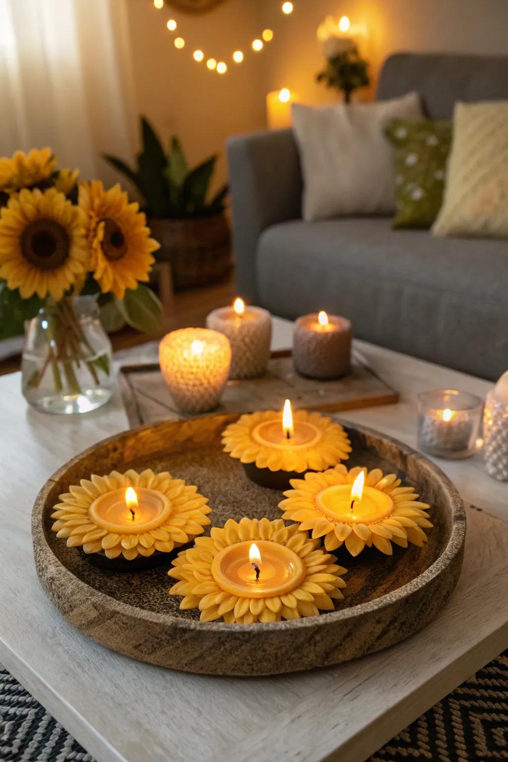 Sunflower-shaped candles cast a gentle luminance and delightful aroma.