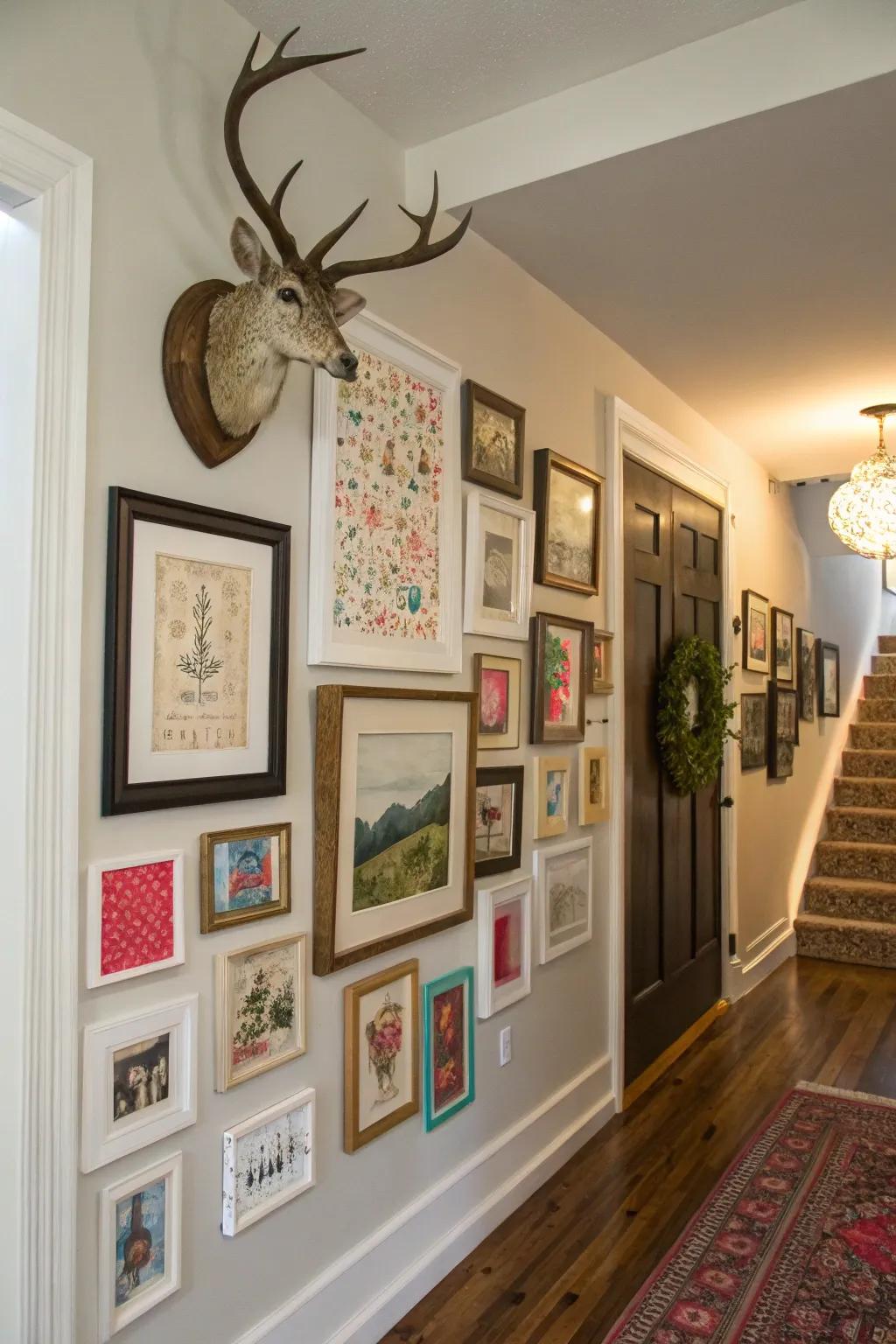 A varied gallery wall highlights a deer skull display beautifully.