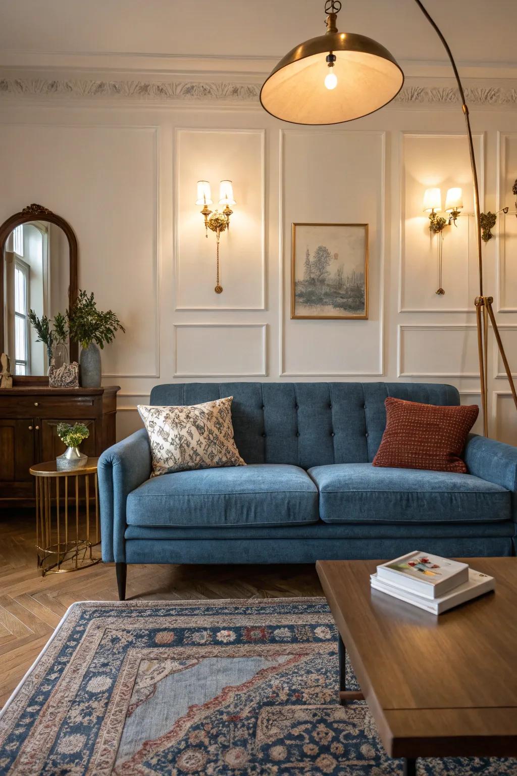 A fusion of modern and timeless components encircling a cerulean couch.