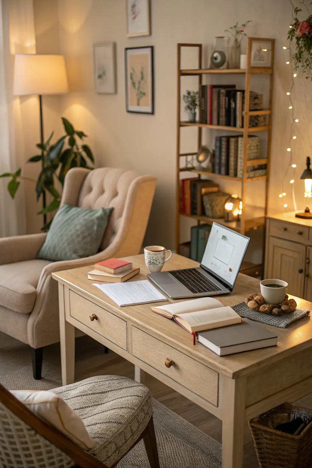 A beige desk offers timeless warmth and comfort.