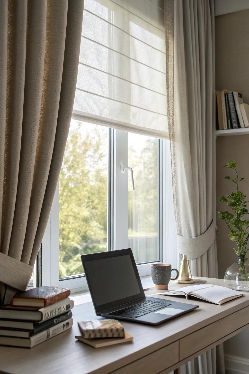 Blinds and drapes provide light control and privacy.