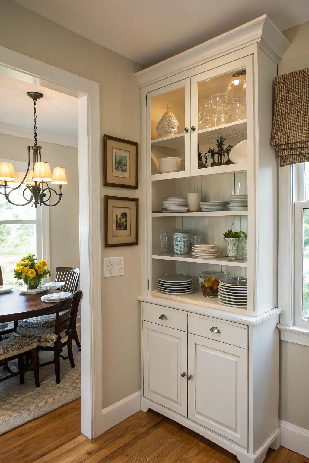 Corner cabinets are advantageous for maximizing limited dining areas.