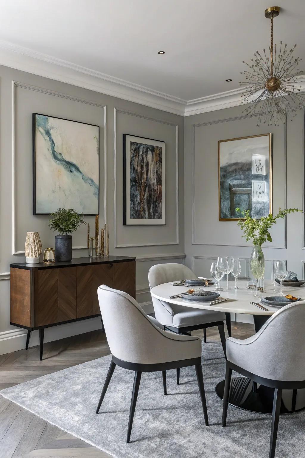 A contemporary dining space with soothing gray hues.