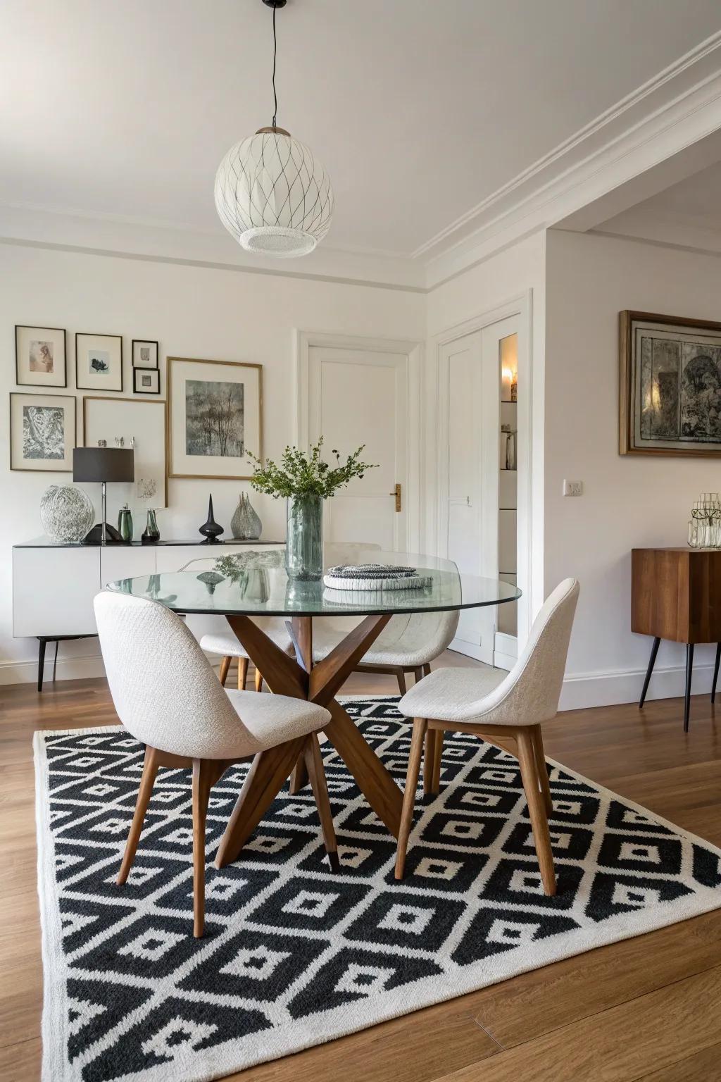 Monochromatic floor coverings accentuating the chic minimalism of the dining space.