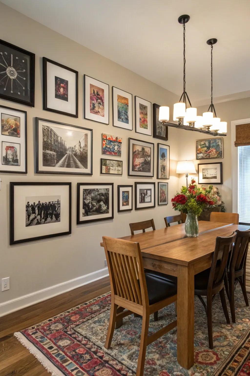 A visual narrative wall imparts coziness and individuality to the dining room.