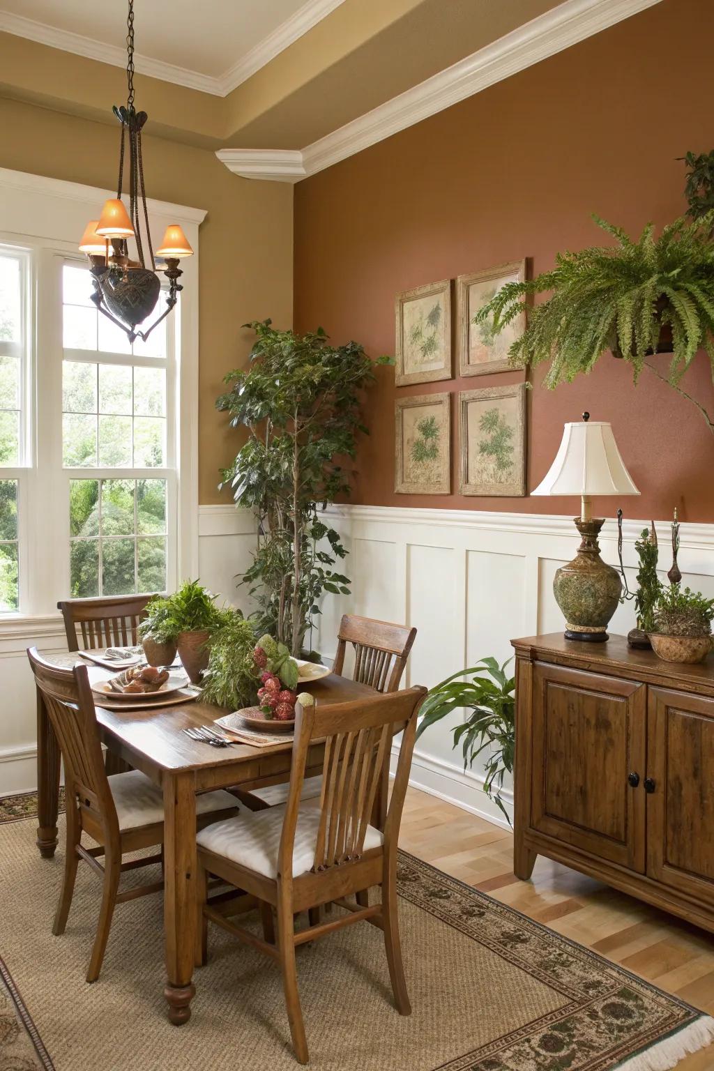 Natural pigments contribute warmth and coziness to the dining room.
