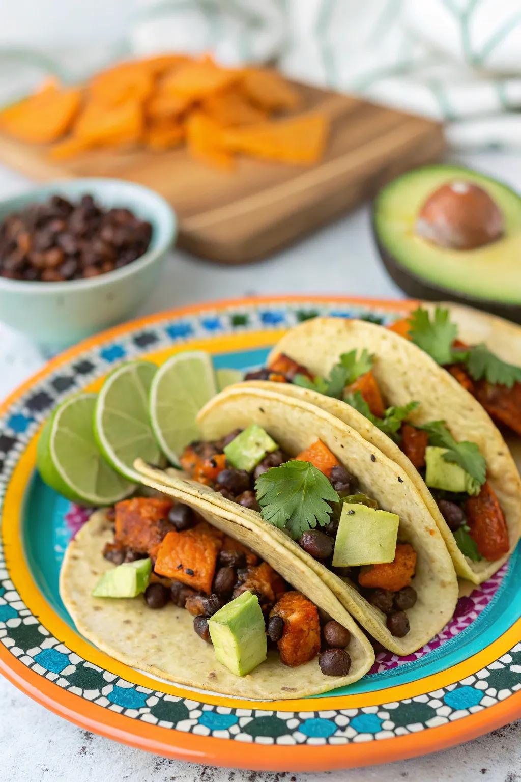 Sweet potato and black bean wraps complemented by avocado and lime.