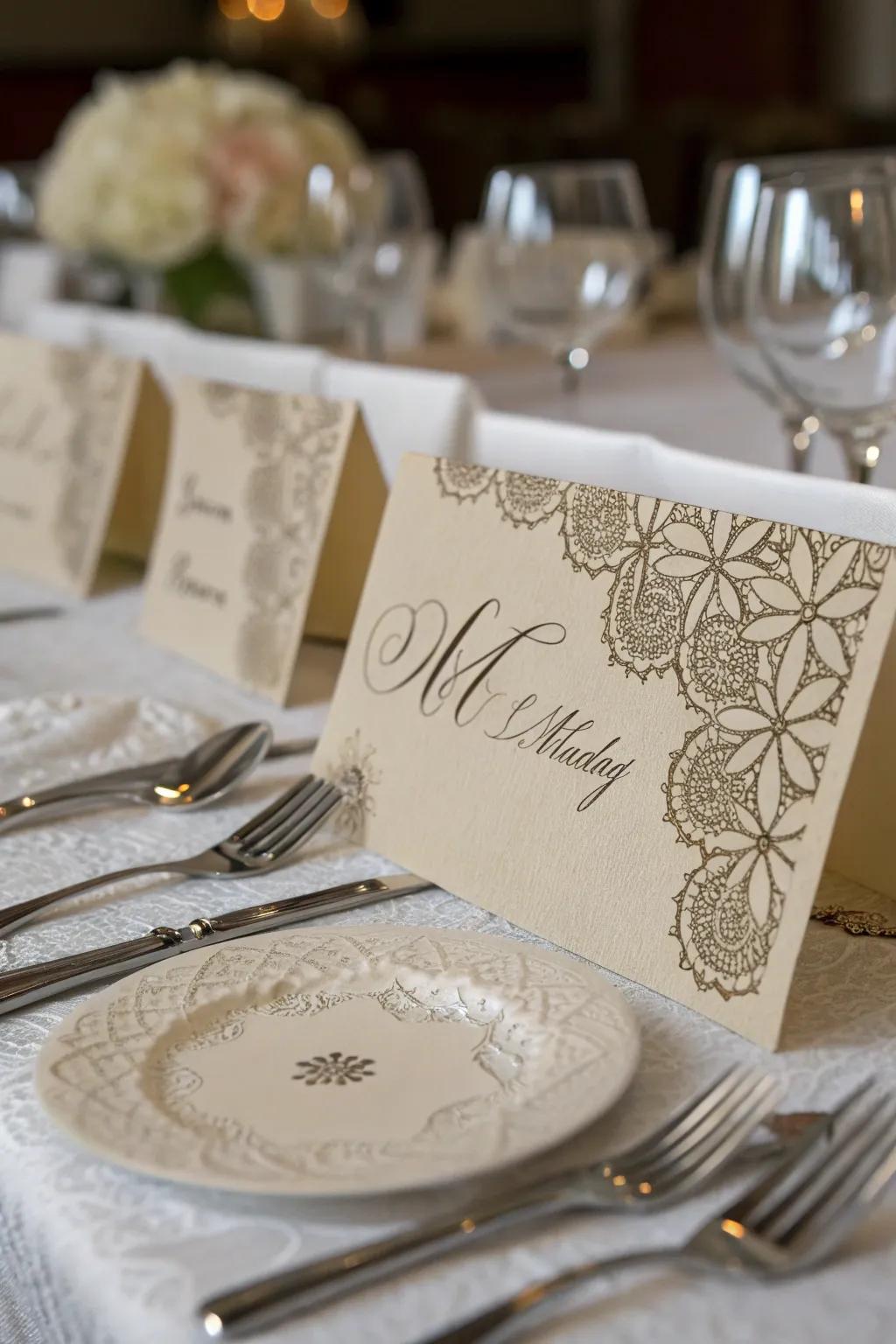 Textured paper place cards enrich your table's visual depth.