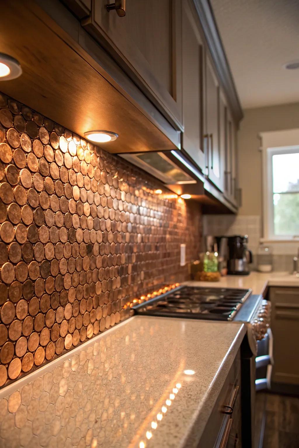 A coin backsplash delivers a saturated shimmer and singular texture.