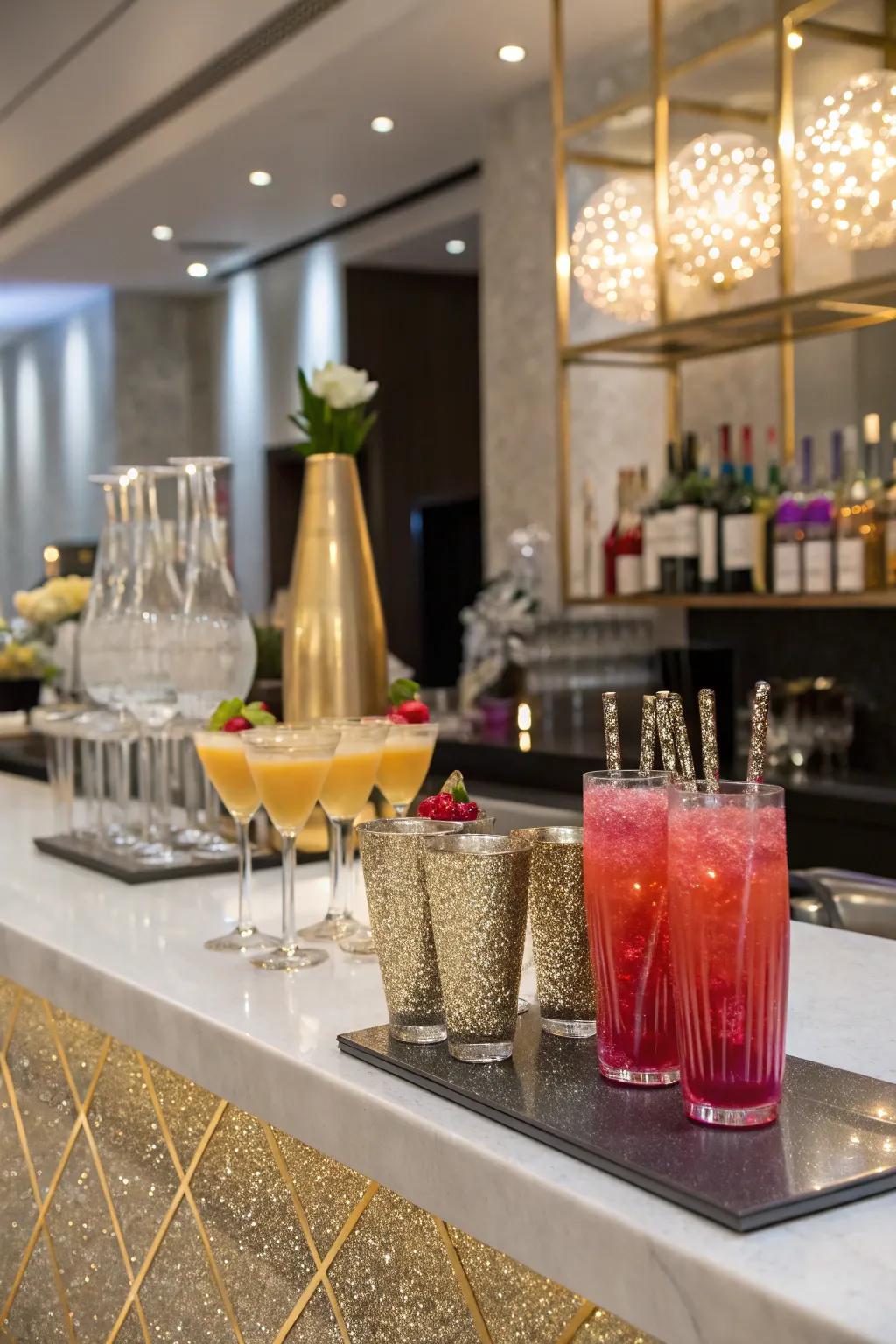 A shimmering refreshment station offers captivating refreshments for celebration attendees.