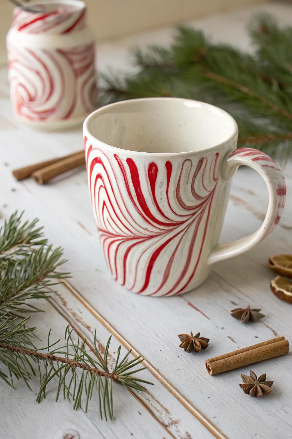 Impart a sweet detail to your holiday drinks via this captivating striped sweet handle mug!