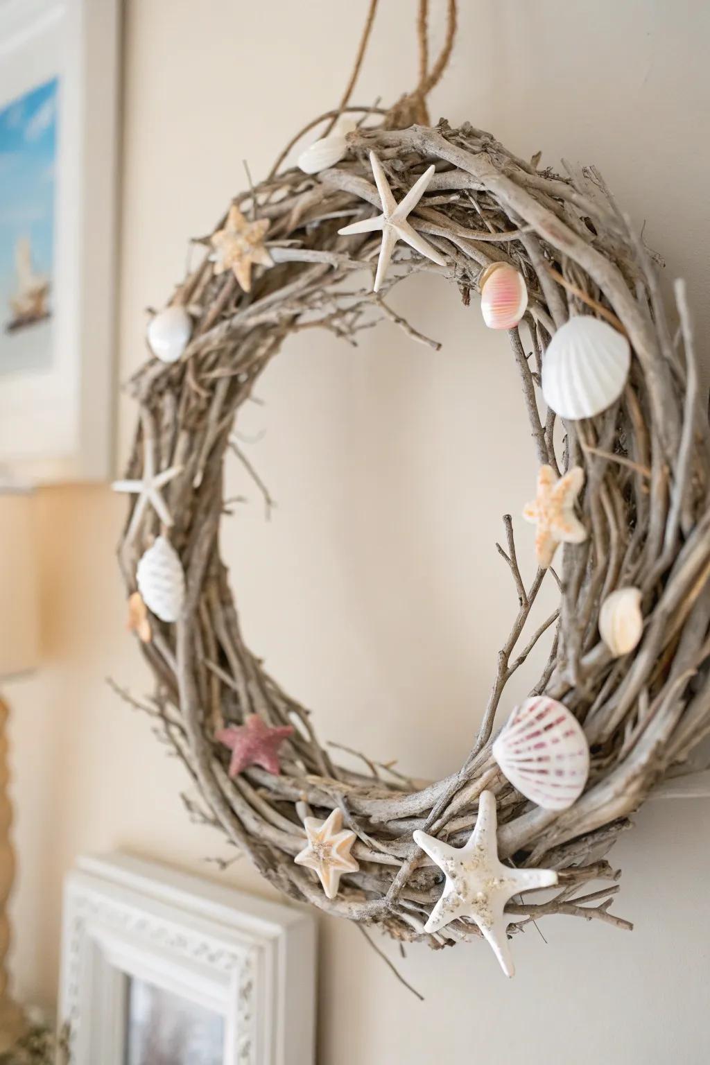 Celebrate a Seaside Christmas through a seashell and driftwood wreath, encapsulating the tranquility of summer during the celebratory period.