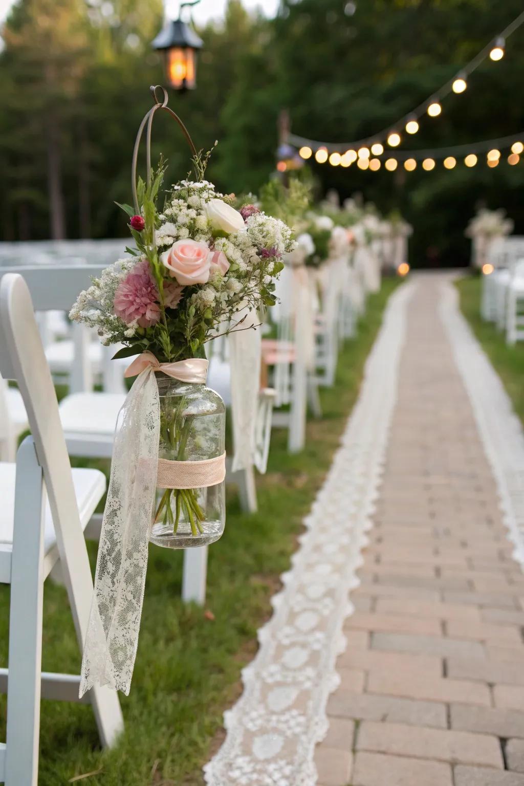Preserving vessels with blooms contribute rustic allure to your wedding aisle.