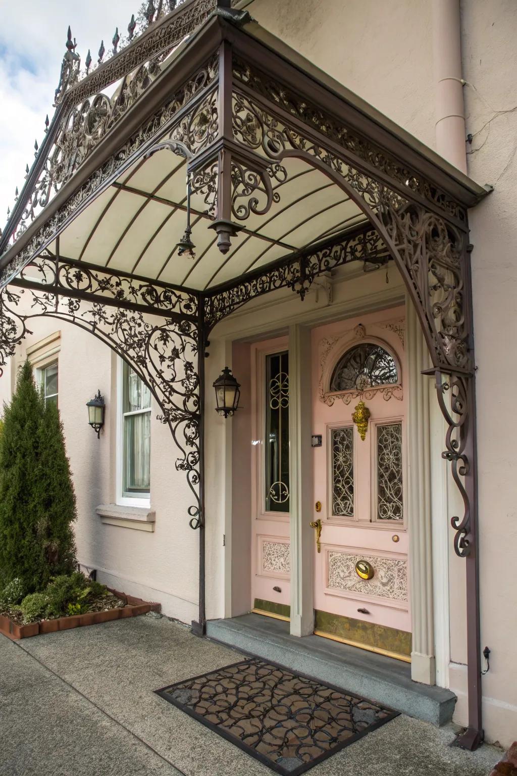 An artistic wrought iron canopy that serves as a beautiful focal point.