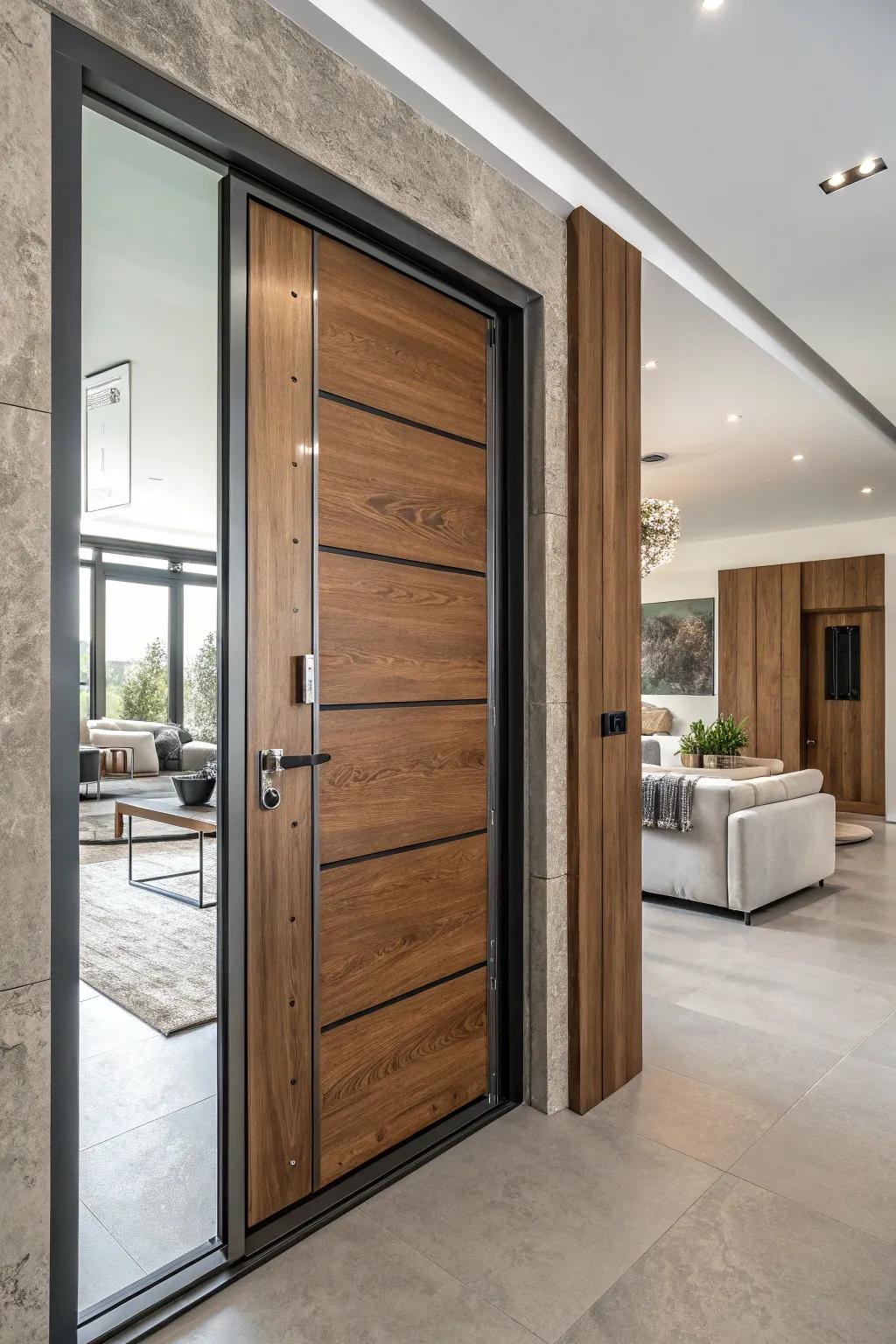 The fusion of materials in door trim yields a singular and contemporary aesthetic.