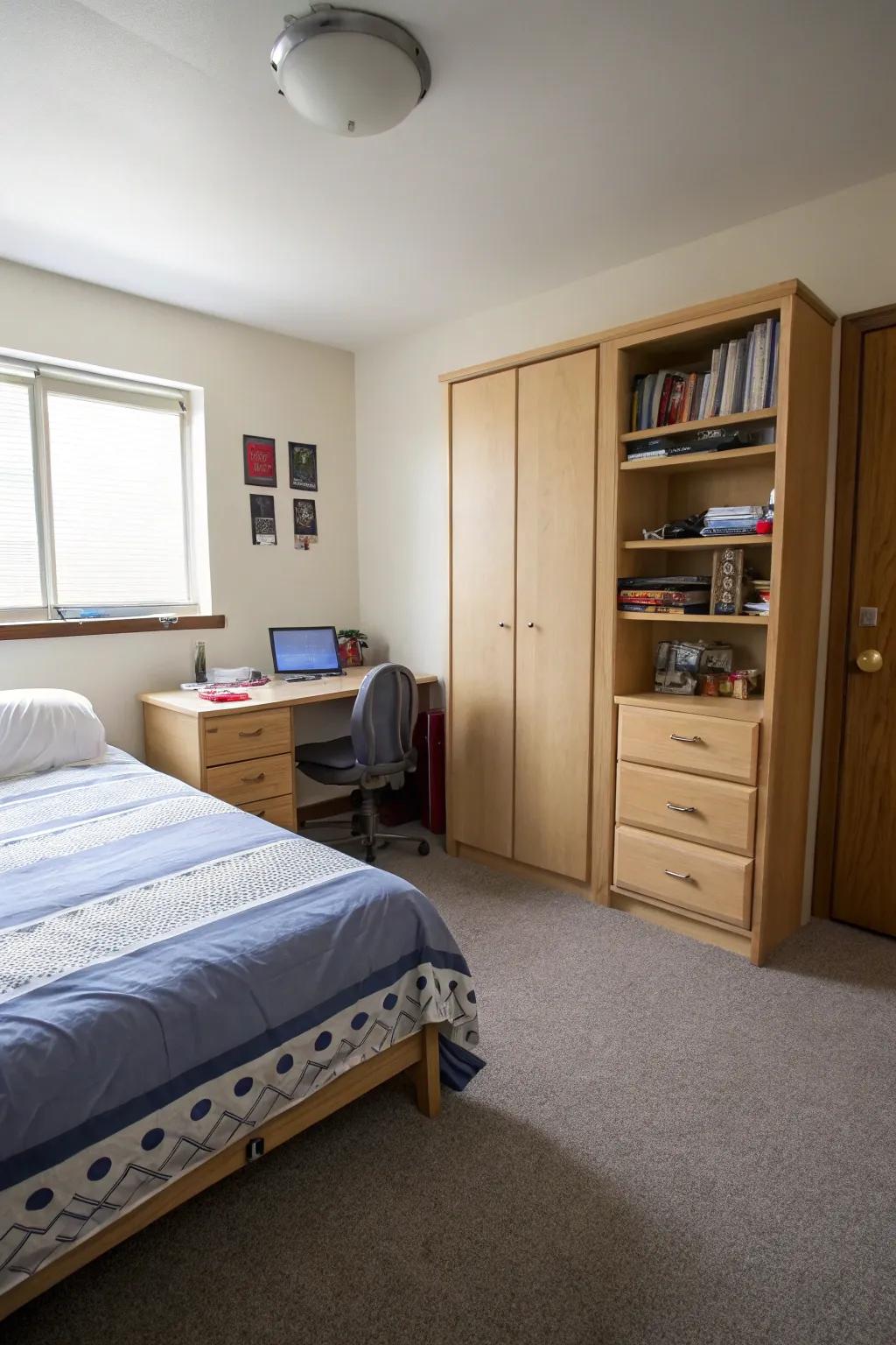 Strategic furniture placement maximizes open area.