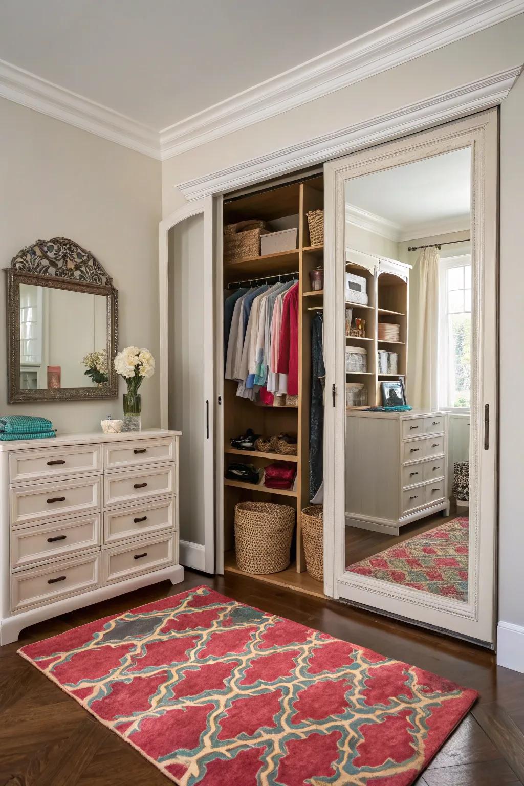 Decorative elements inject charm and character into a double closet area.
