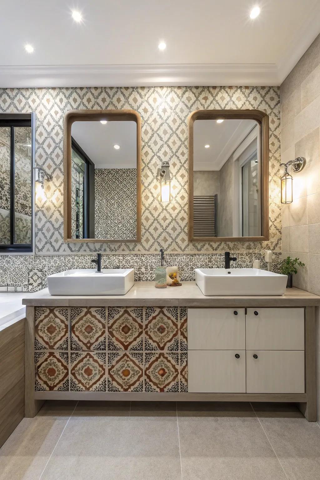 Textured walls and patterned tiles create visual appeal.