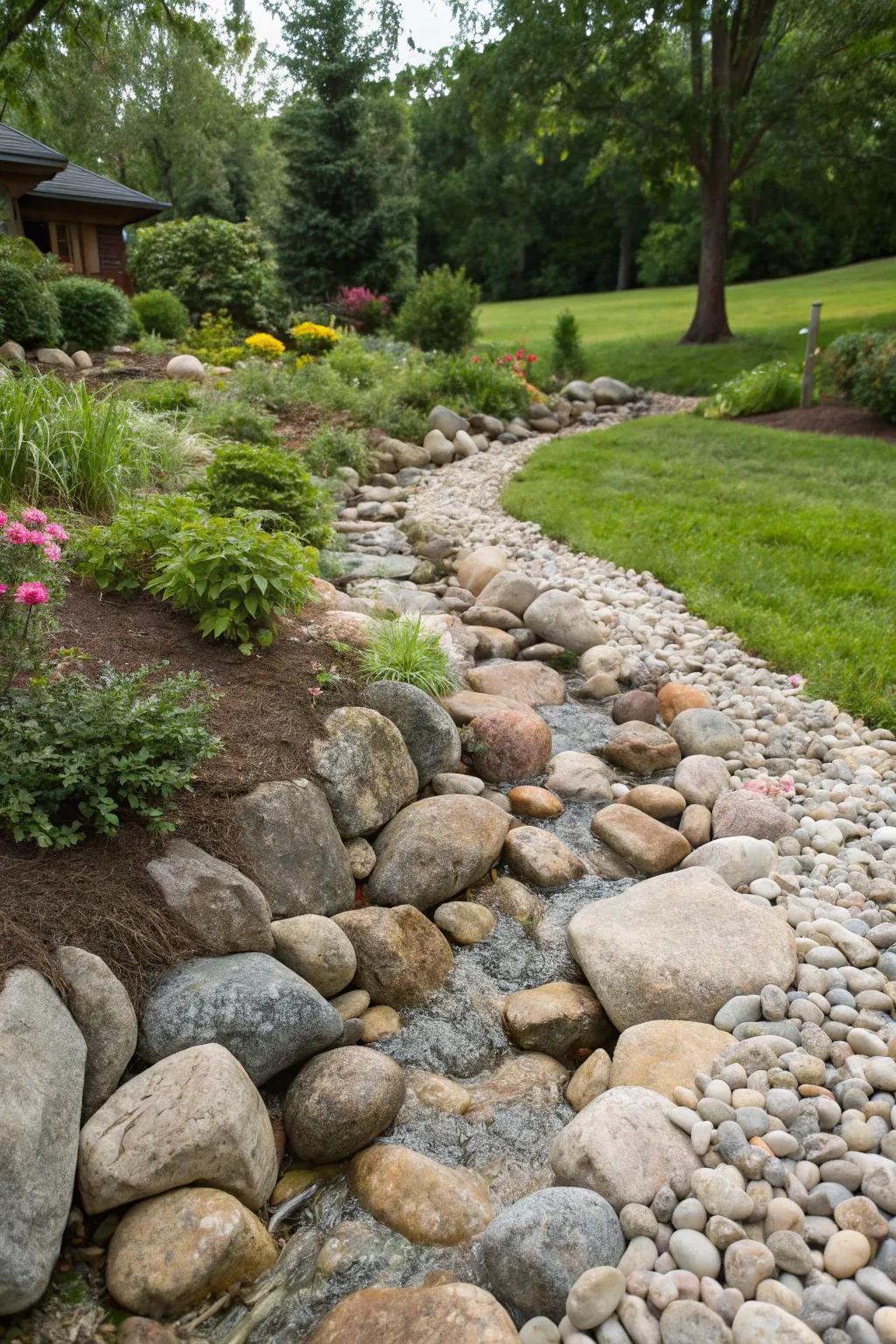 A dry creek bed introduces the allure of a waterway without the actual water.