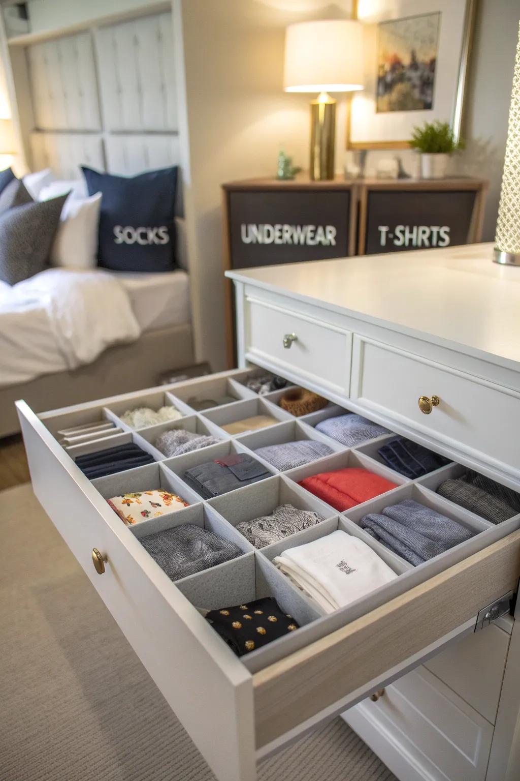 Labeled drawer sections for easy arrangement.