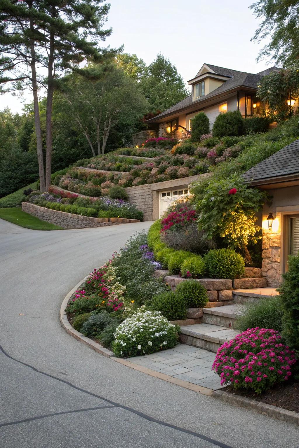 A tiered berm blueprint imparts dimensionality to the driveway.