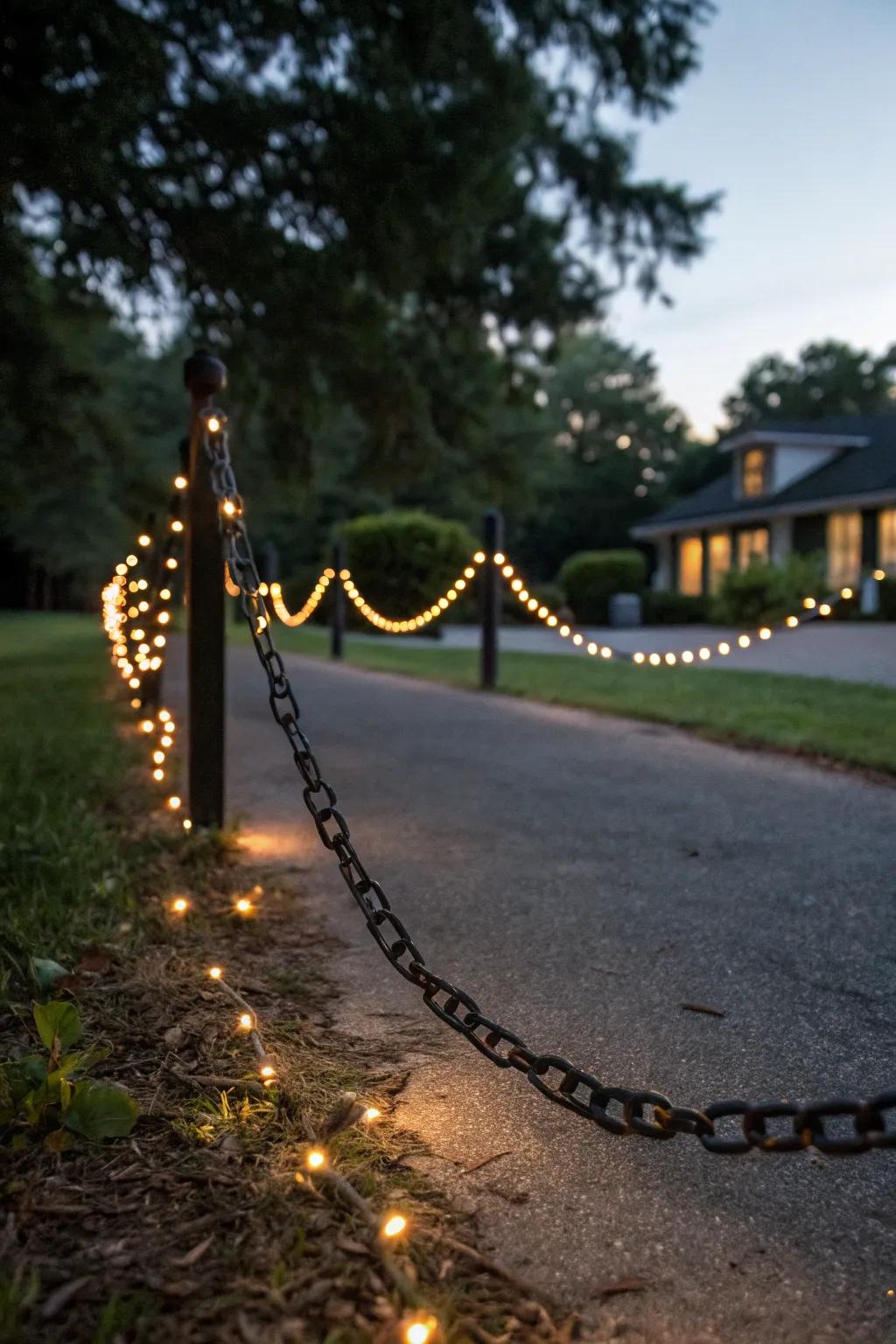 Solar beacons affixed to a chain, thereby introducing a warm luminescence to any driveway.