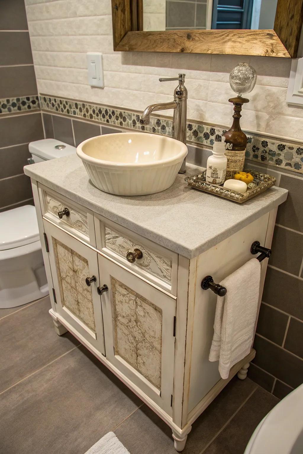 An antique washstand reimagined into a unique lavatory unit.