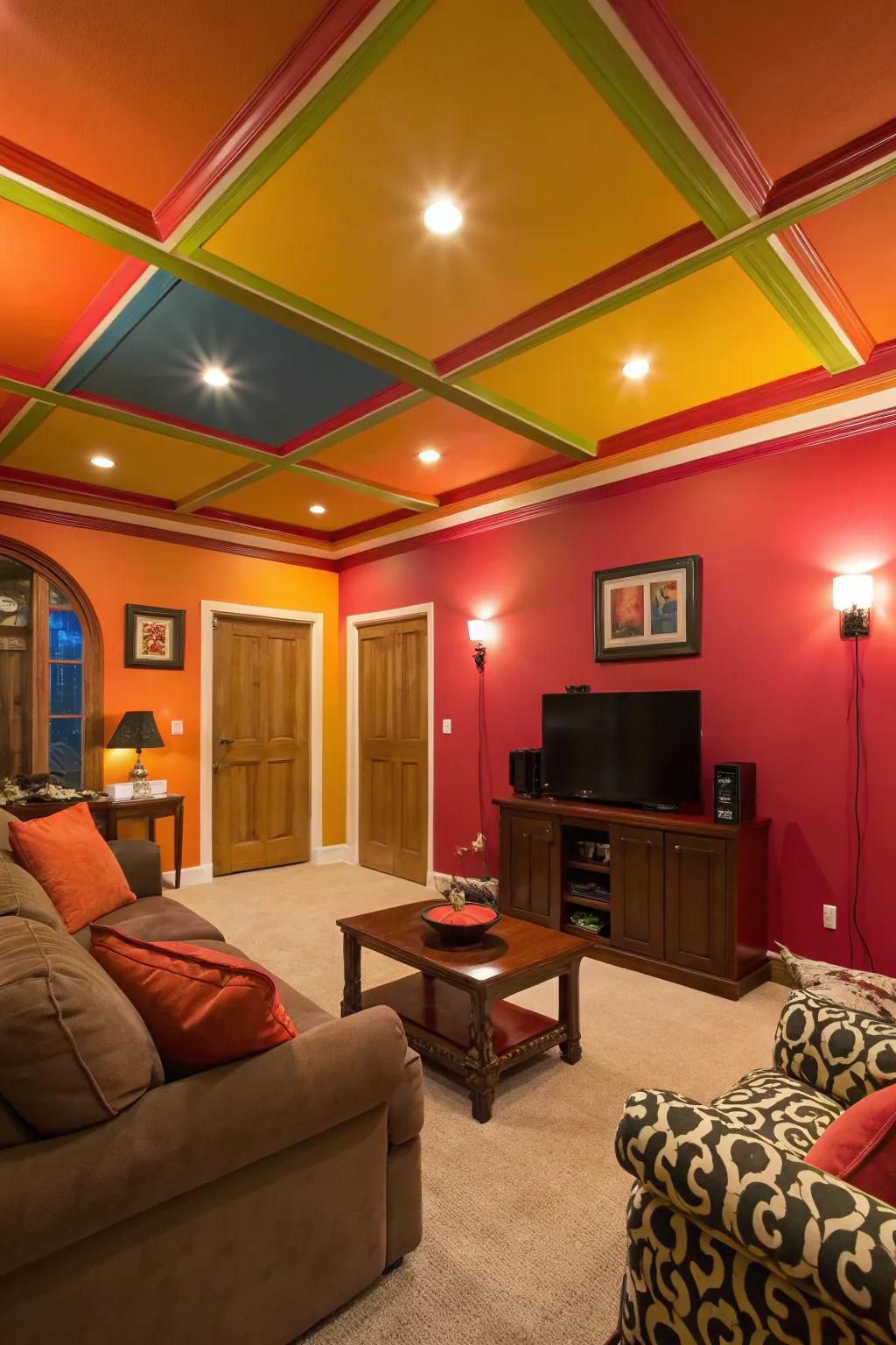 Bold ceiling colors create a striking statement.