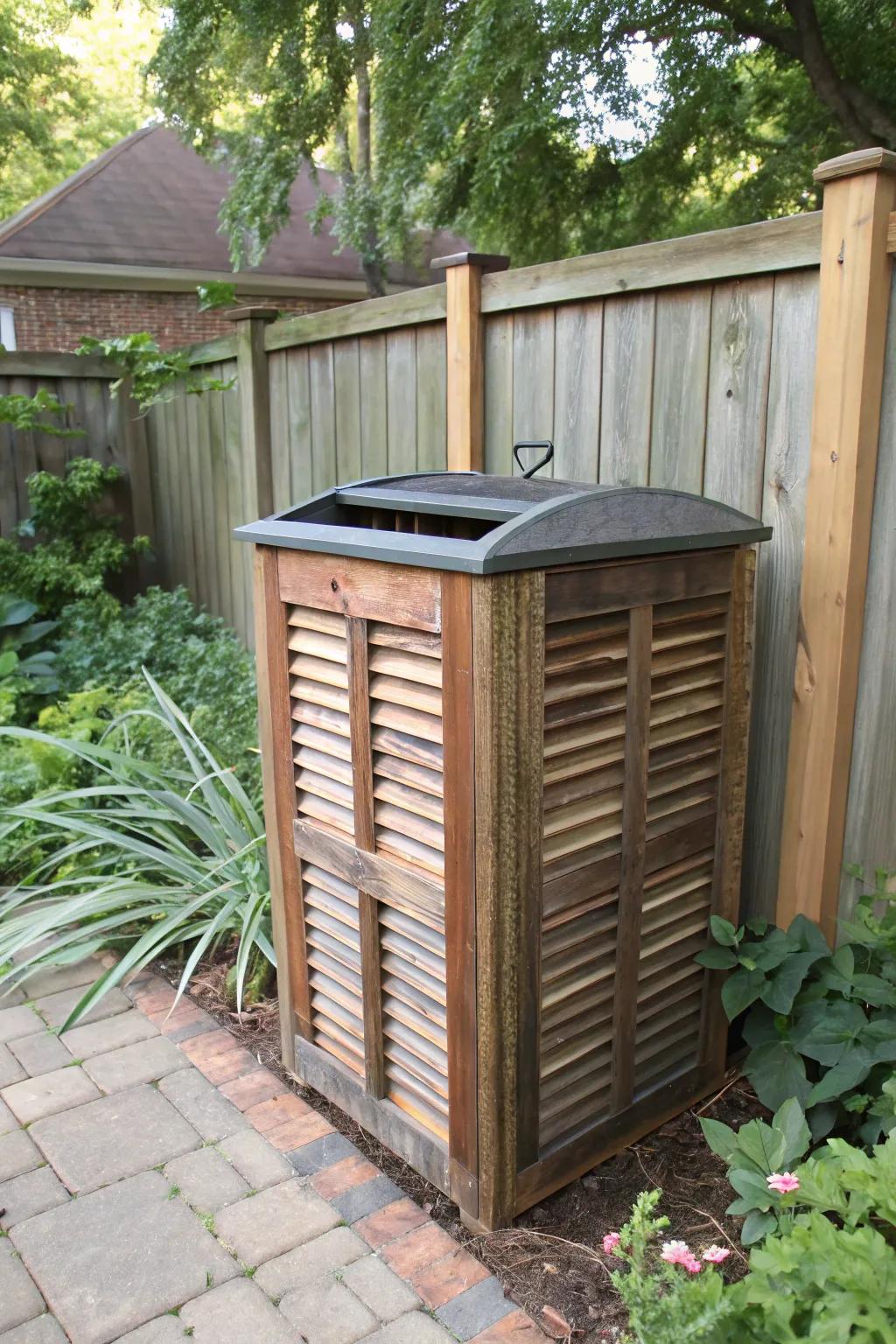 Recycled louvers furnish a singular and eco-friendly receptacle enclosure.